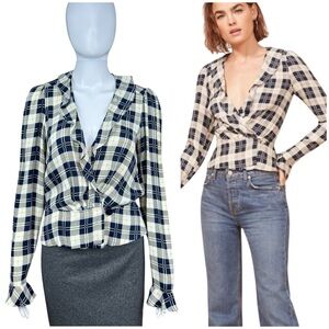 Reformation Lee Ruffle Wrap Plaid Shirt Sz MEDIUM Long Sleeve Soft Blouse Grunge